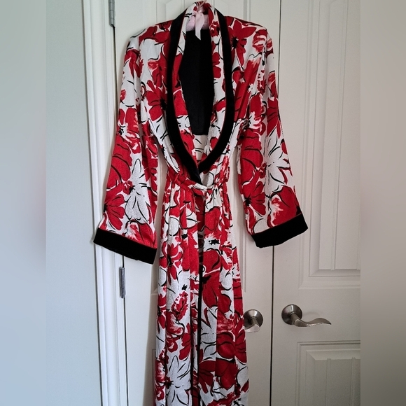 JONES NEW YORK VTG long robe bold poppy floral shawl collar cuffs coastal SM - Picture 2 of 9